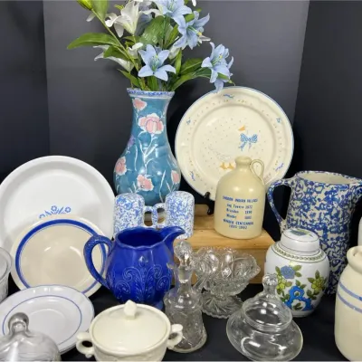 Vintage Blue & White Kitchenware Lot: CorningWare, Spongeware, & Stoneware