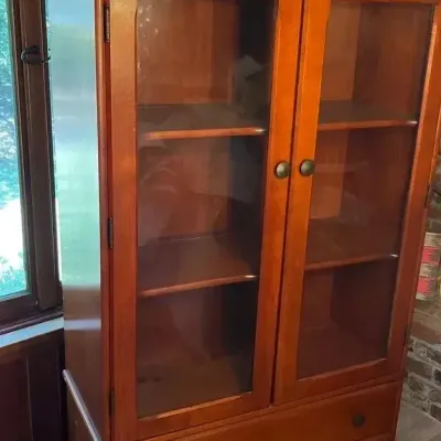 Vintage Wooden 2-Door Glass Display Cabinet over Two Drawers
