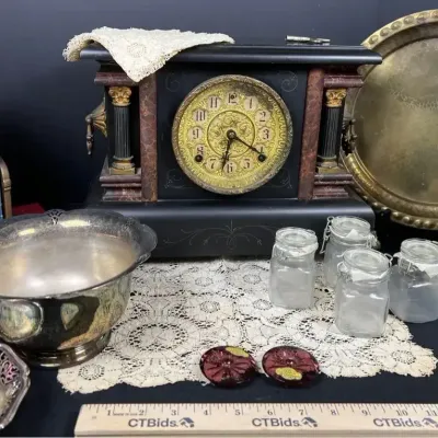 Antique Sessions Mantel Clock with Key, Silver Plate & Vintage Decor Lot
