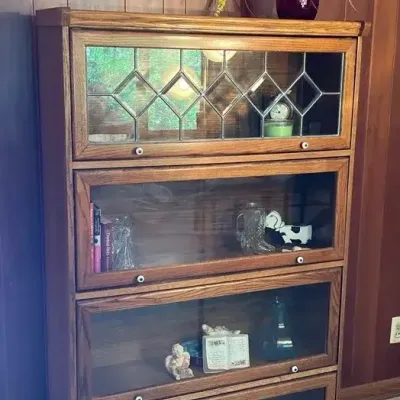 Vintage 4-Tier Wooden Barrister Bookcase with Leaded Glass Top Door