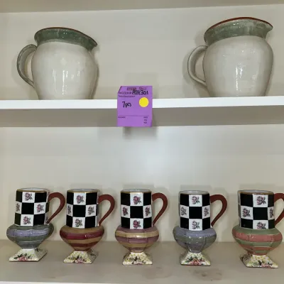 Mackenzie-Childs Torquay Pedestal Mugs And Ceramiche Arianna Two-toned Pitchers