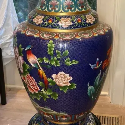 Large Chinese Cloisonné Floor 35" tall Vase with Carved Wooden Stand 