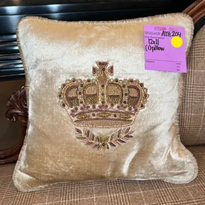 Champagne Velvet Decorative Throw Pillow Featuring Metallic Gold Embroidered Crown 