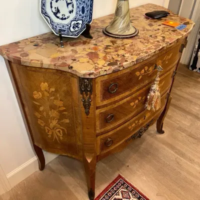 French Loui XV-Style Demilune Marquetried Commode With Marble Top