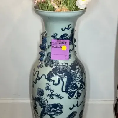 Large Chinese Porcelain Baluster Floor Vase Featuring Buddhist Foo Lions