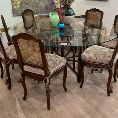 McGuire-Style Large 74" Round Glass-Top Dining Table seats 8