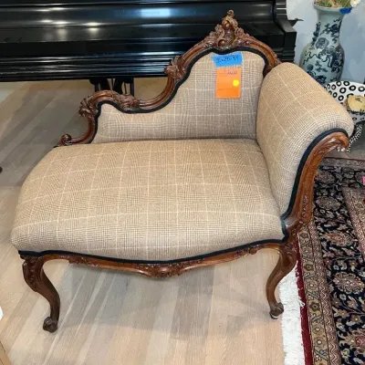 French Louis XV Style Petite Chaise  Lounge With Asymmetrical Backrest And Neutral Plaid Upholstery 