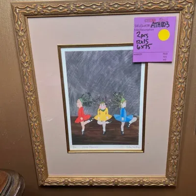 Framed Signed Print “Irish Dancers” By Sole Kelly &  Needlepoint Tapestry Wall Hanging Bell Pull