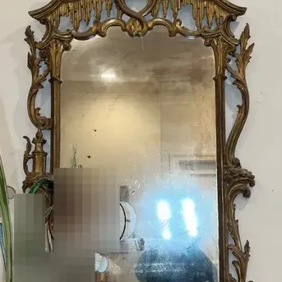 Antique Ornate, Chinoiserie Chippendale-Style Carved Giltwood Wall Mirror Rococo-Style