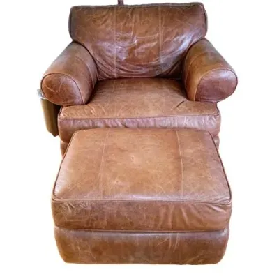 Lot 079  
Arhaus Distressed Brown Leather Club Chair with Matching Ottoman