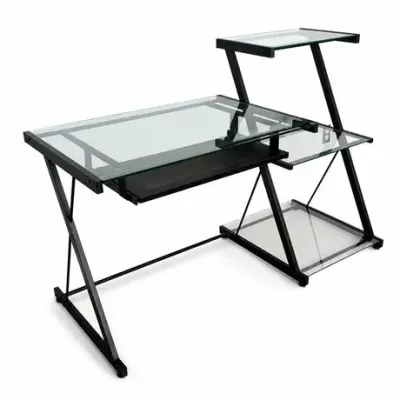 Lot 014   
Modern Black Metal and Glass Computer Desk with Keyboard Tray