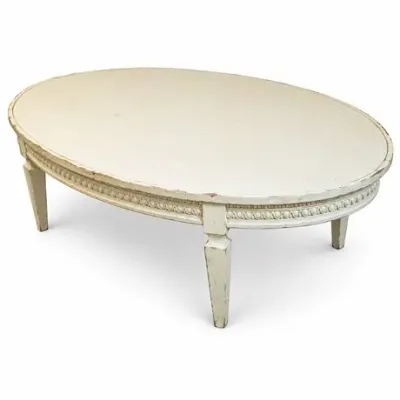 Lot 036   
Distressed Ivory Oval Carved Coffee Table