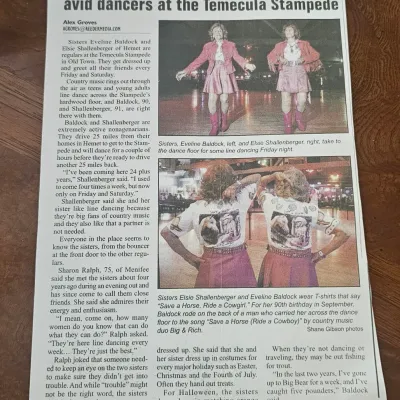 Article about the sisters.  Both were avid dancers at the Temecula Stampede.  