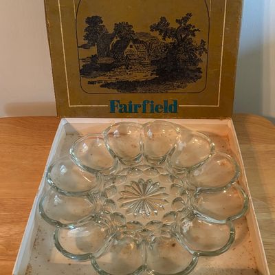 Vintage Anchor Hocking Fairfield Clear Glass Deviled Egg Server Platter Tray