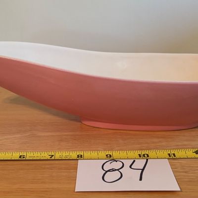 HULL Pottery 151 Console Serving Bowls, 13” MCM Oblong Spouted Footed Pink