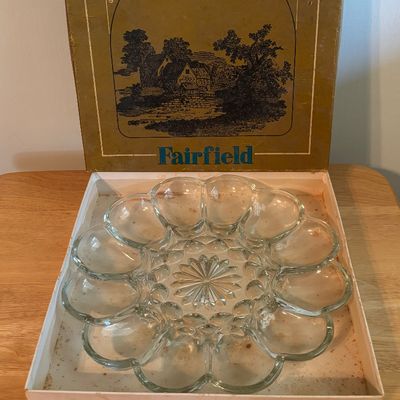 Vintage Anchor Hocking Fairfield Clear Glass Deviled Egg Server Platter Tray