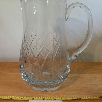 Mouth Blown BLOCK Crystal Water Pitcher Hand Polished Acid Etched On Bottom