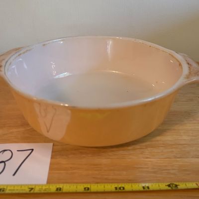 Vintage Anchor Hocking Fire King Iridescent Glass Peach Lustre Casserole Gold