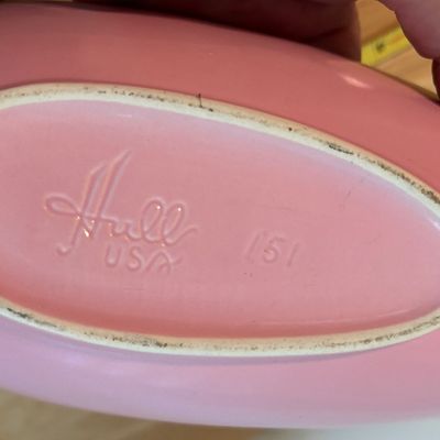 HULL Pottery 151 Console Serving Bowls, 13” MCM Oblong Spouted Footed Pink