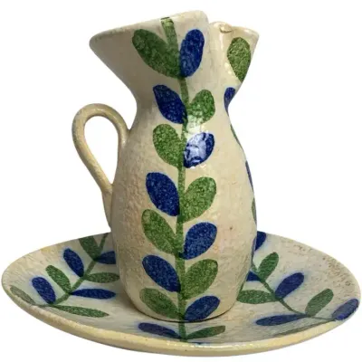 Handmade Spanish Pottery Pitcher & Plate Set Blue Green Leaf Design Hand Painted Ceramic