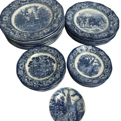 Vintage Liberty Blue Staffordshire England Historic Plates Lot 30 Independence Hall Washington Churc
