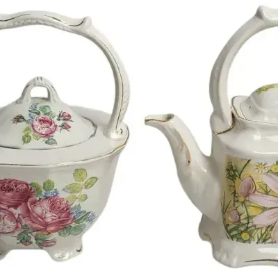 Vintage Crown Dorset Floral Teapots Lot of 2 Porcelain Tea Servers Gold Trim Cottage Decor