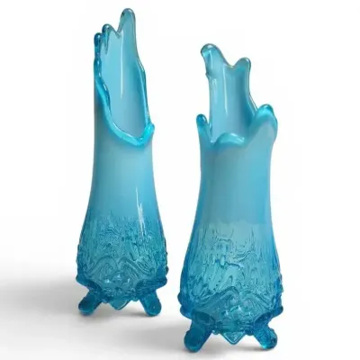 Pair Sowerby Piasa Bird Blue Opalescent Art Glass Vases – Footed Vintage English Style