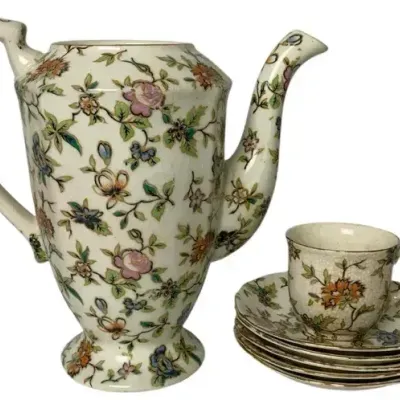 Vintage Moriyama MM Made in Japan Floral Tea Set – Teapot, Cup & 5 Plates, 1 Broken