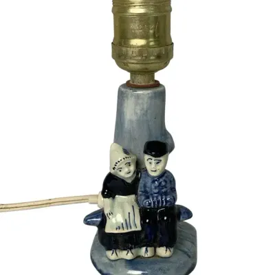 Vintage Delft Holland Ceramic Lamp – Dutch Couple Figurine, Blue & White Pottery Accent