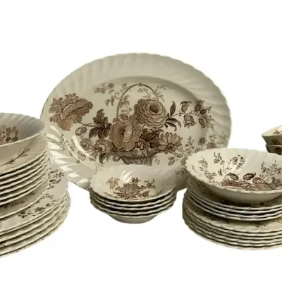Charlotte China Brown Transferware Dinnerware Tea Set Cups Plates Serving Pieces Vintage Lot