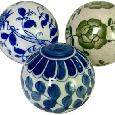 3 Decorative Ceramic Balls – Blue & White Floral + Green Botanical Patterns, Vintage Accent Decor
