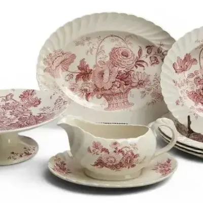 Royal Staffordshire Red Transferware Platter, Gravy Boat w/ Attached Under Plate, 4 Bowls, Cakestand