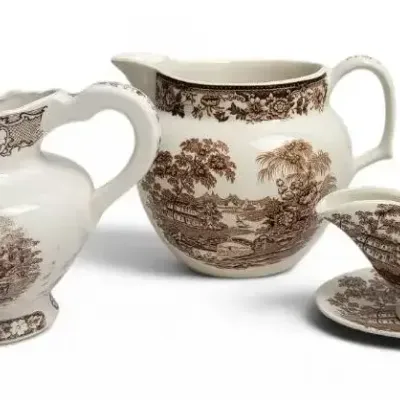 Vintage Brown Transferware Creamer Sugar Bowl Gravy Boat Underplate Lot of 4 Serving Pieces