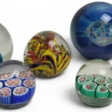 Vintage Art Glass Paperweights Lot of 6 Hand Blown Millefiori Swirl & Figural Collectible Set