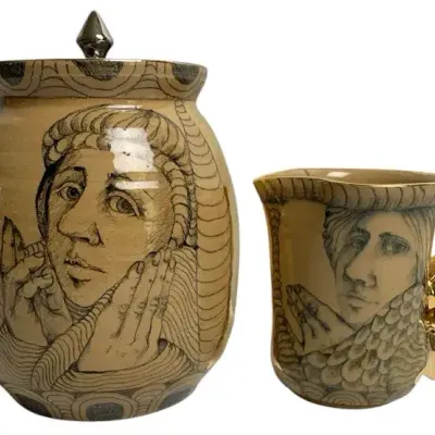 Edward & Mary Lou Higgins 1976 Signed Art Pottery Lidded Jar & Mug Portrait Folk Art Set