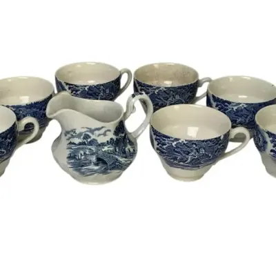 9 Bluebrook Staffordshire Cups & Creamer – Vintage Blue & White Transferware England