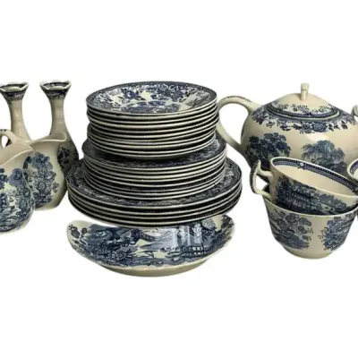 Royal Staffordshire Tonquin Blue Transferware Dinnerware Lot 34 Pcs Tea Set England Vintage