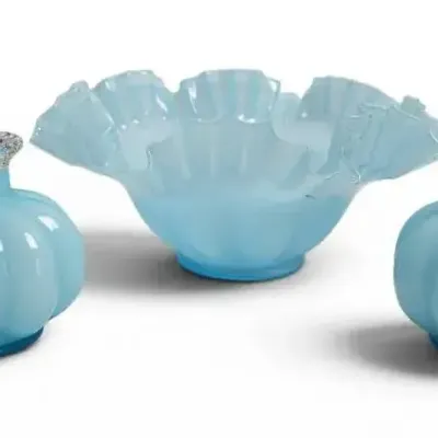 Vintage Blue Art Glass Bowl & Bud Vases 3 Pc Set Ruffled Bowl Decorative Display Collectibles