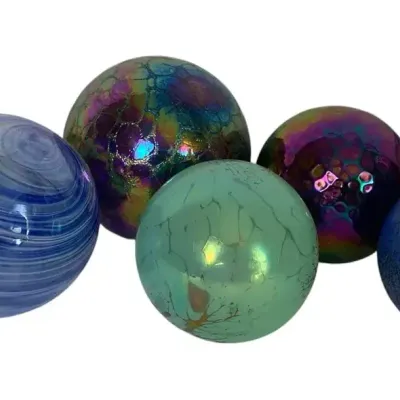 7 Borowski-Style Glass Ornaments – Art Glass Decorative Balls, Multicolor & Blue Collection