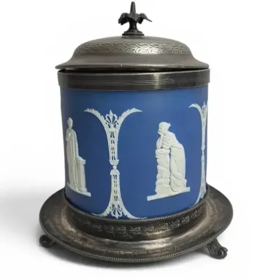 Vintage Wedgwood Jasperware Blue Biscuit Jar w/ Pewter Lid & Stand Classical Relief England