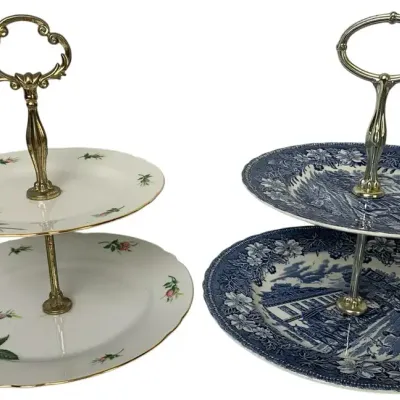 2 Vintage Two-Tier Serving Stands – Royal Tudor Ware Coaching Taverns & Regency Rose