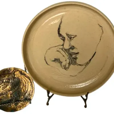2 Vintage Art Plates – Signed Ceramic Portrait Plate & Handmade Bronze Metal Relief, Decorative Pair