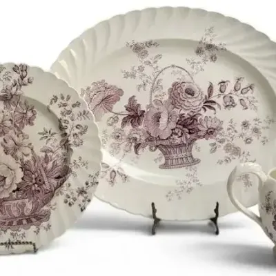 Royal Staffordshire Charlotte Brown Transferware Platter Plate Creamer 3 Pc Vintage England Set