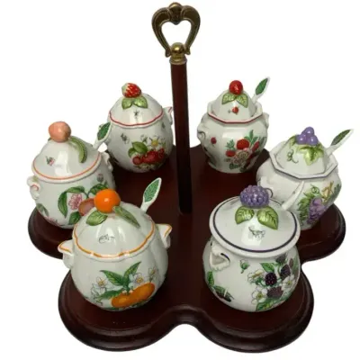 6 Lenox Fruit Jam Jars – Fine Porcelain Blackberry, Raspberry, Strawberry & More w/ Display Tray