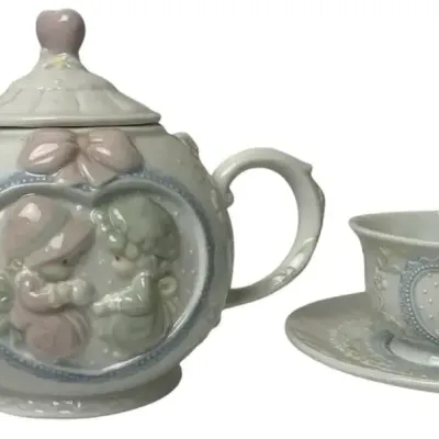 Precious Moments Teapot, Cup & Saucer Set – 1993 Enesco Floral Cherub Tea Set