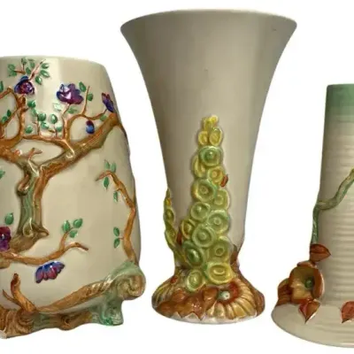 Lot of 3 Vintage Art Pottery Relief Floral Ceramic Vases Decorative Mantel Display Set