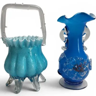 Vintage Art Glass Vase & Basket Lot Hand Blown Blue Opalescent Decorative Glass Pair Collectibles
