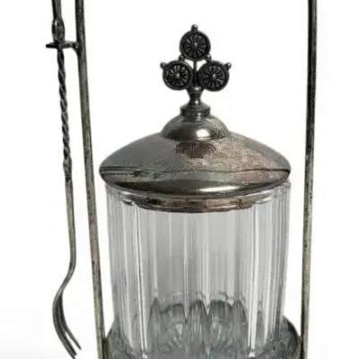 Vintage Silverplate & Glass Pickle Castor Jar w/ Tongs Fork Insert Liner Victorian Style Decor