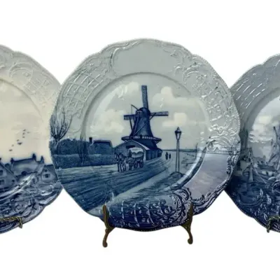 2 Vintage Delft Blue Plates – Dutch Windmill & Harbor Scenes, Scalloped Floral Relief