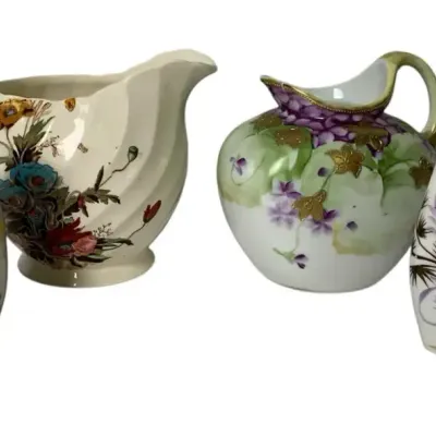 4 Vintage Floral Porcelain Pitchers – Nippon & Schumann Arzberg Germany, Hand-Painted